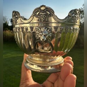 SOLD Vintage Heavy Silver Bowl w/ Lion Head Handles and Grape Leafs Design